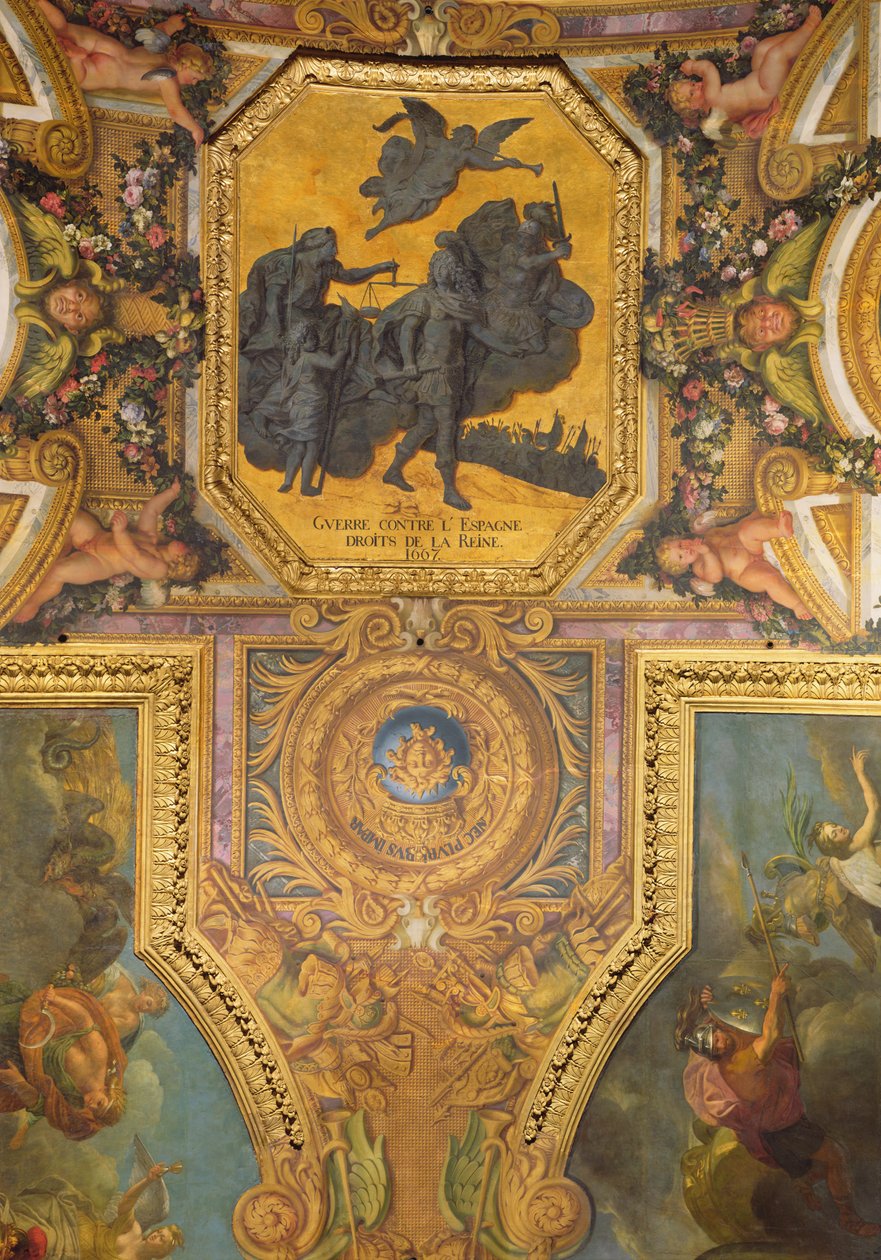 Sota kuningattaren oikeuksista vuonna 1667, kattomaalaus Galerie des Glacesista tekijältä Charles Le Brun