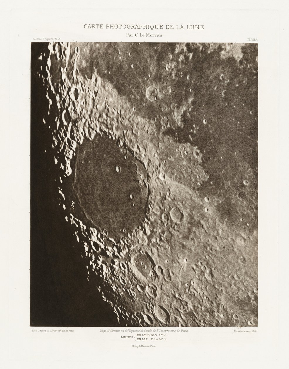 Carte photographique de la lune, planche VII.A (Kuun valokuvakartta, levy VII.A),11. lokakuuta 11. lokakuuta tekijältä Charles le Morvan