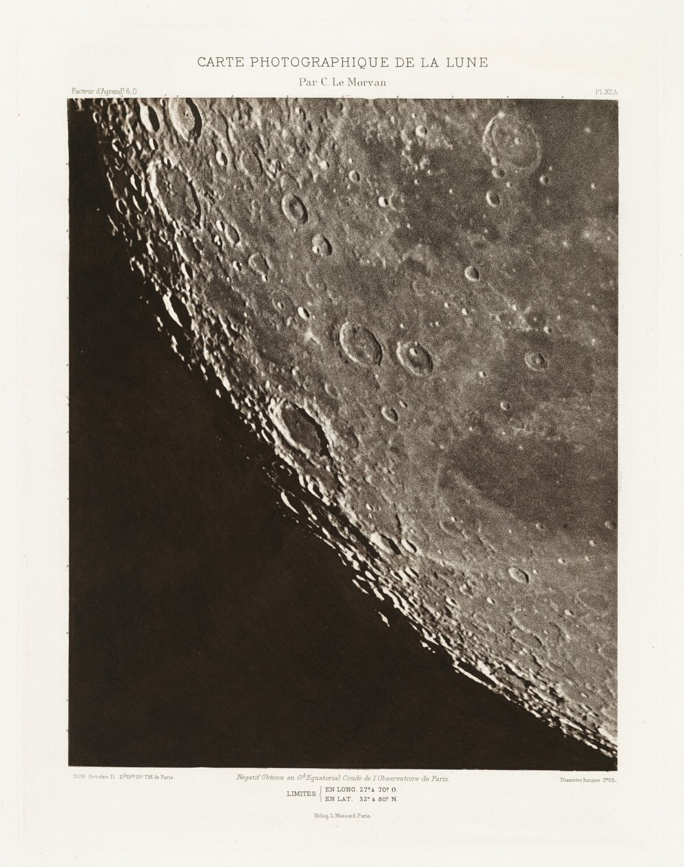 Carte photographique de la lune, planche XII.A (Kuun valokuvakartta, levy XII.A),11. lokakuuta 11. lokakuuta tekijältä Charles le Morvan
