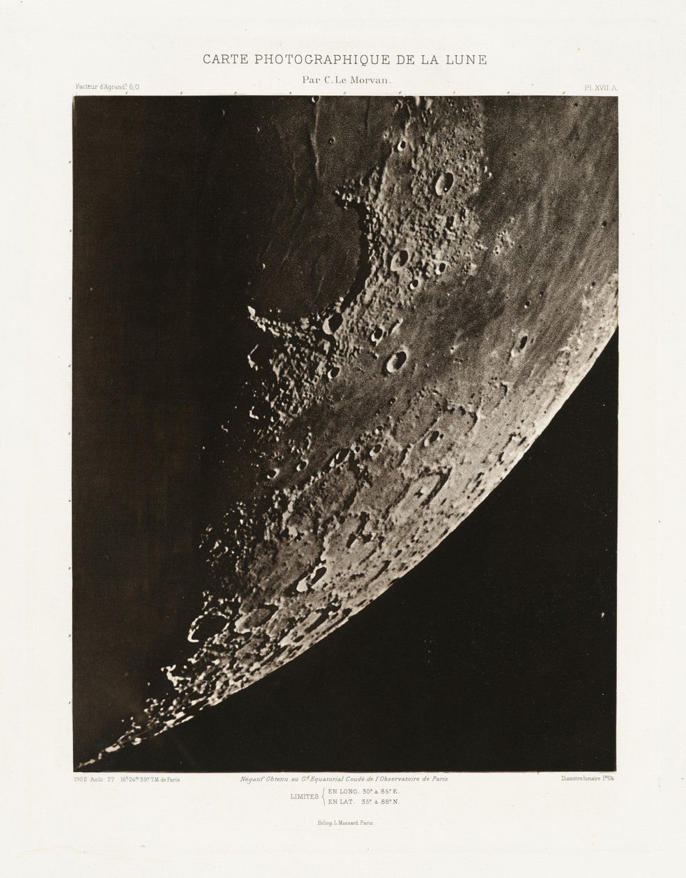 Carte photographique de la lune, planche XVII.A (Kuun valokuvakartta, levy XVII.A),27. elokuuta 27. elokuuta tekijältä Charles le Morvan