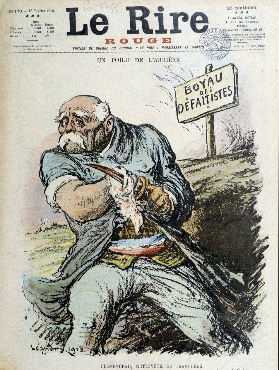 Karvainen takaosa: Clemenceau, Trench Cleaner. Kansi "" The Laughter"" 16.2.1918 tekijältä Charles Leandre