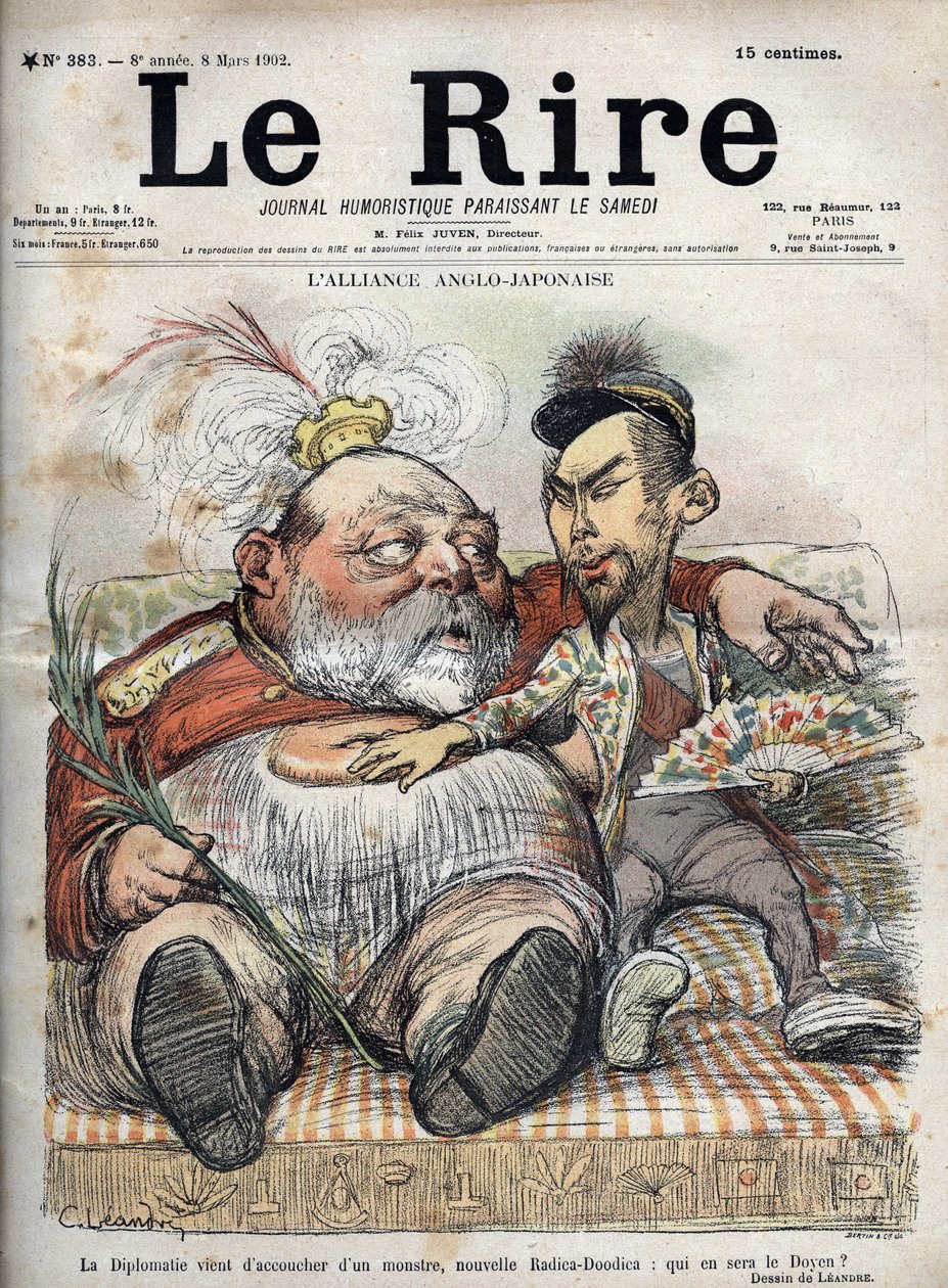 Anglo-Japanese Alliance (Japanese Anglo 1902) Diplomatia on juuri synnyttänyt hirviön, uuden Radica-Doodican: kuka on dekaani? - Kuningas Edward VII - Charles LEANDREn (1862-1934) PIIRKAKURI 1902 elokuvalle The Laughter tekijältä Charles Leandre