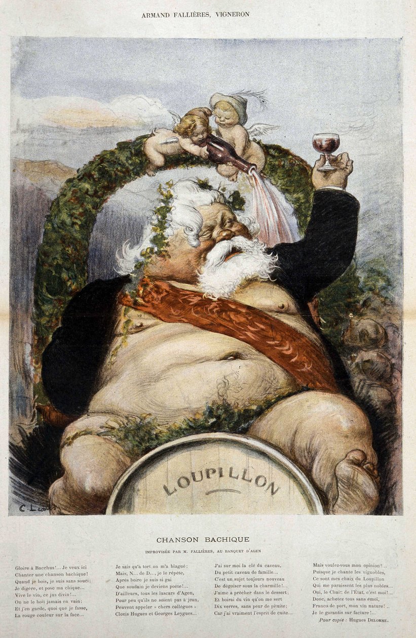 Armand Fallières, viininvalmistaja: karikatyyri Fallières en Bacchusista (Bacco) - elokuvassa "" le Laughter" lokakuussa 1906 tekijältä Charles Leandre