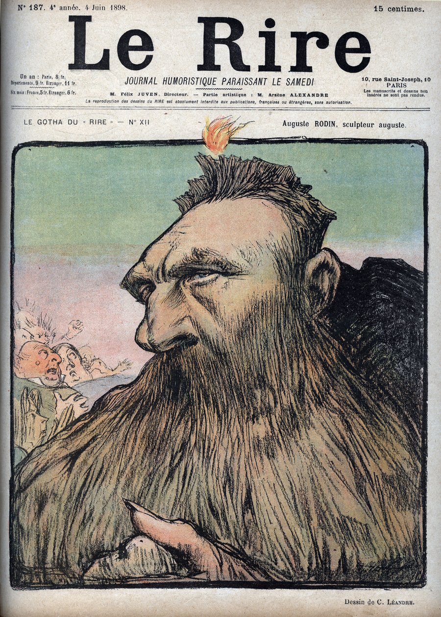 Auguste Rodin (1840-1917) kuvanveistäjä Augustus - Charles Leandren (1862-1934) sarjakuva elokuvassa "Le Rire" 4. kesäkuuta tekijältä Charles Leandre