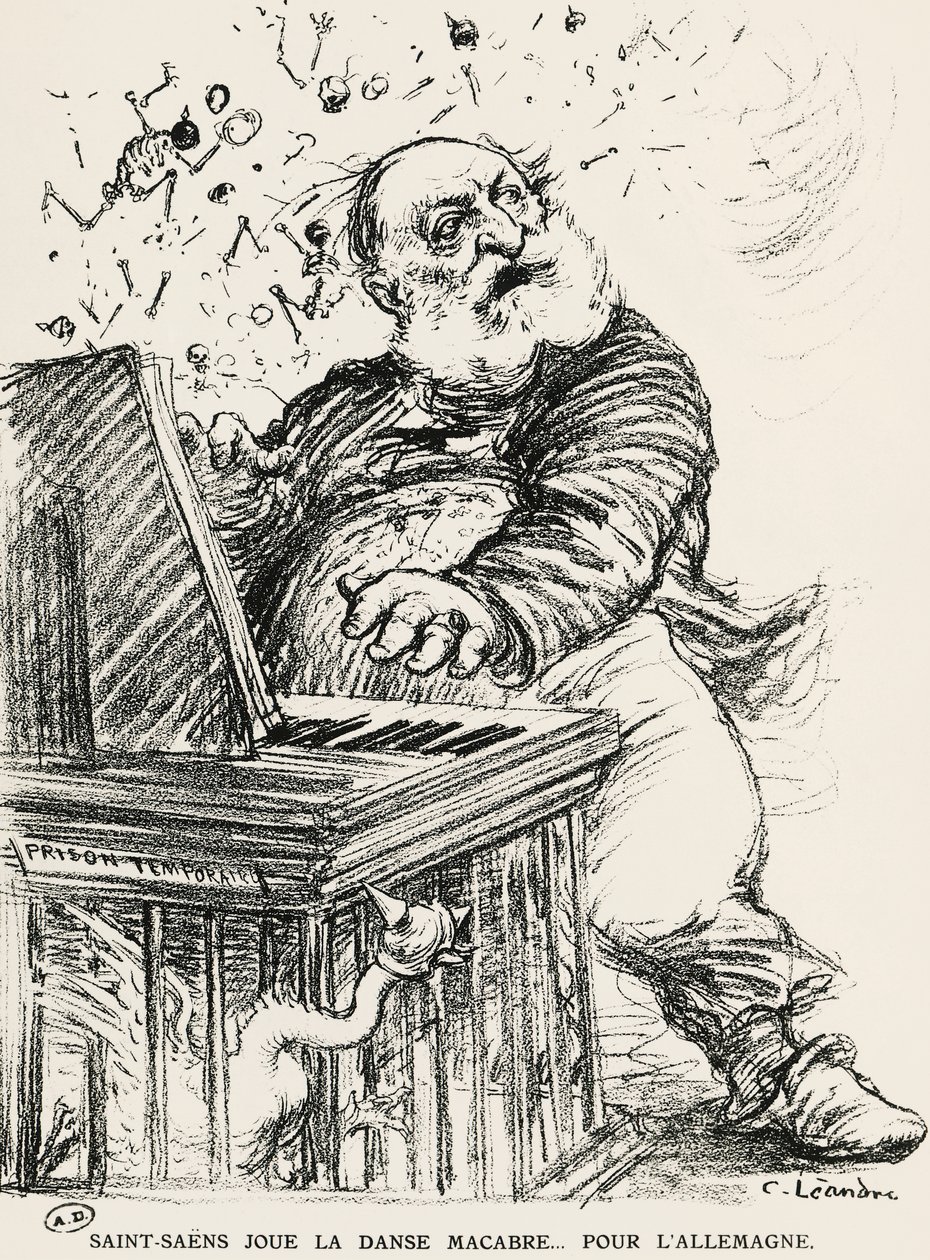 Karikatyyri Charles Camille Saint-Saensista, ranskalaisesta säveltäjästä, pianistista ja urkurista tekijältä Charles Leandre