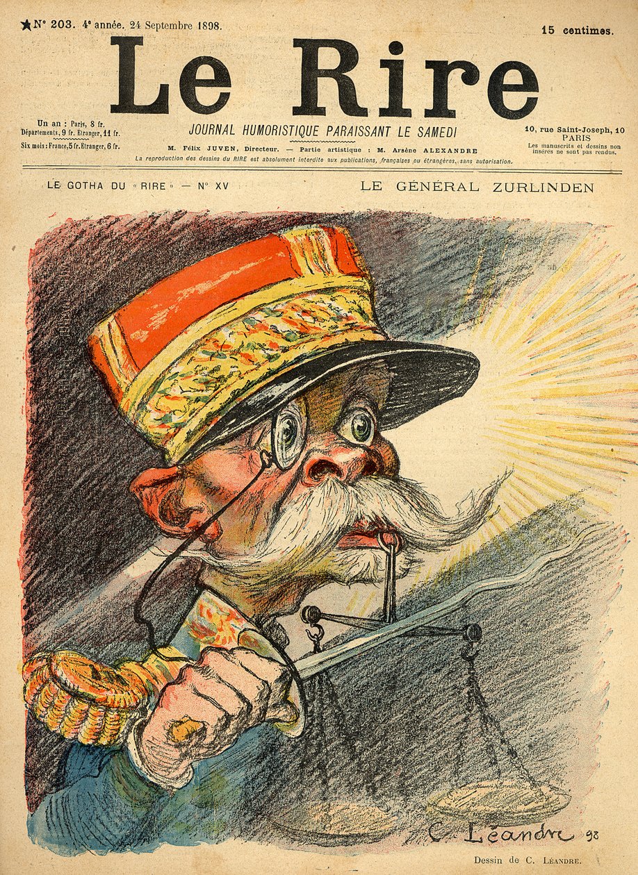 Kenraali Zurlindenin karikatyyri, Le Riren etukannessa, 24. syyskuuta 1898 (värilitho) tekijältä Charles Leandre