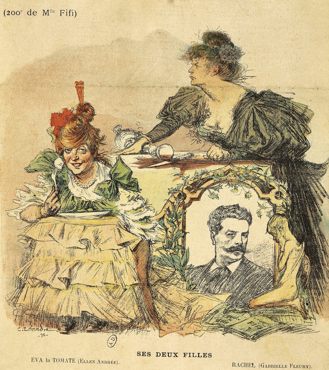 Sarjakuva Mademoiselle Fifin kahdessasadassa esityksessä Guy de Maupassantin (1850-1893) romaanista (kuva) tekijältä Charles Leandre