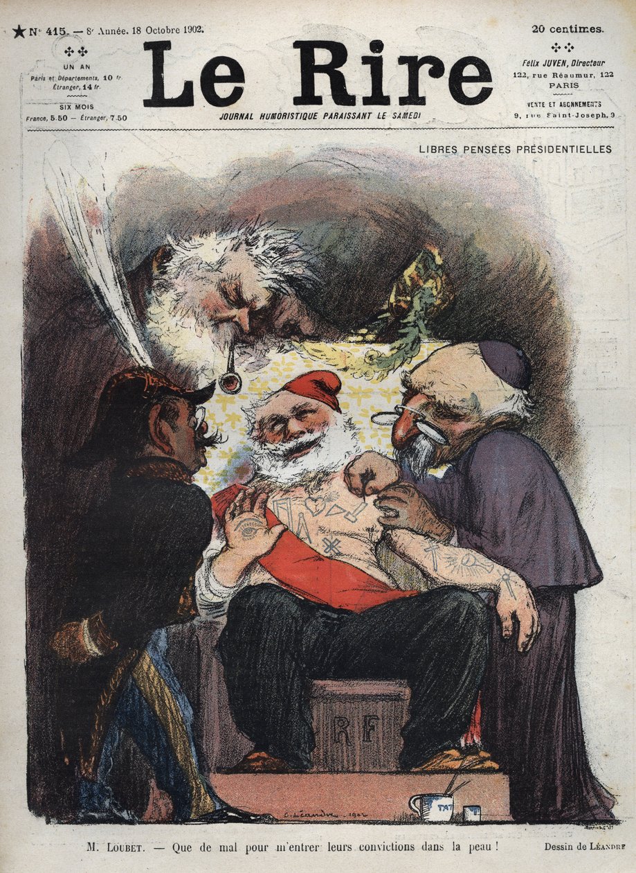 Emile Loubet - Ilmaiset presidentin eläkkeet - herra Loubet - On vaikea saada heidän vakaumustaan iholleni! - (Charles Leandre (1862-1934) pilkkaa valtiota, kirkkoa ja armeijaa presidentti LOUBETin sängyn vieressä, peitettynä makonisilla ja muilla kylteill tekijältä Charles Leandre