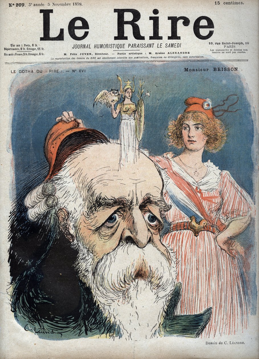 Eugene Henri Brisson (1835-1912), ranskalainen lakimies, toimittaja ja poliitikko - Marianne nostaa punaisen lippaan Bressonin päästä ja hänen päästään näyttää nousevan jumalatar Athena kaikilla ominaisuuksilla - Charles Leandren (1862-1934) karikatyyri "" tekijältä Charles Leandre