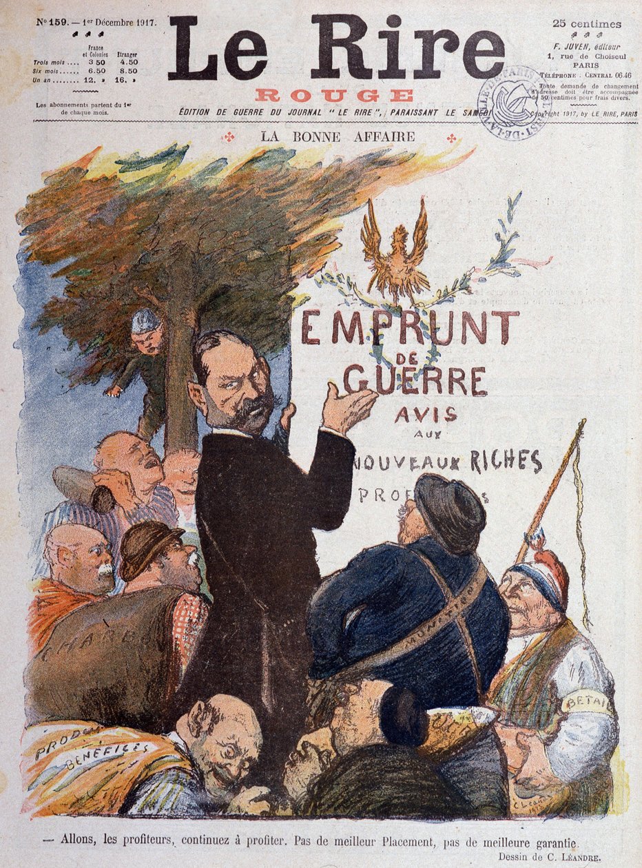 Ensimmäinen maailmansota (1914-1918): Sarjakuva sotalainan edistämisestä, tulonlähde kivihiilen, ammusten ja betail-kaupan kautta rikastuneiden voittoa tavoitteleville - Charles Leandren (1862-1934) piirros Le Rire Rougen kanteen tekijältä Charles Leandre