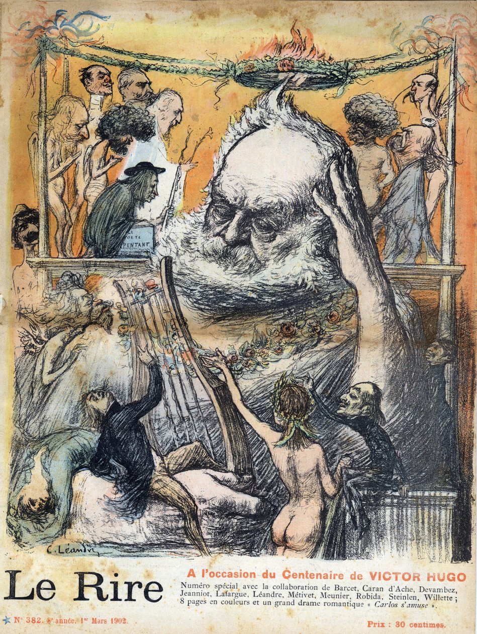 1. maaliskuuta 1902 ilmestyneen sanomalehden "" Le rire" ensimmäinen sivu, joka on omistettu syntymän 100-vuotisjuhlille Victor Hugo: Charles Leandren Victor Hugo -sarjakuva - ranskalainen kirjailija Victor Hugo, Charles Leandre, paperin etusivu maaliskuus tekijältä Charles Leandre