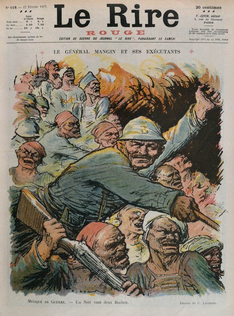 Kenraali Charles Mangin ja hänen alaisensa, musta on yhtä hyvä kuin kaksi Bochea, etukannen kuva Le Rire Rougesta, 17. helmikuuta 1917 tekijältä Charles Leandre