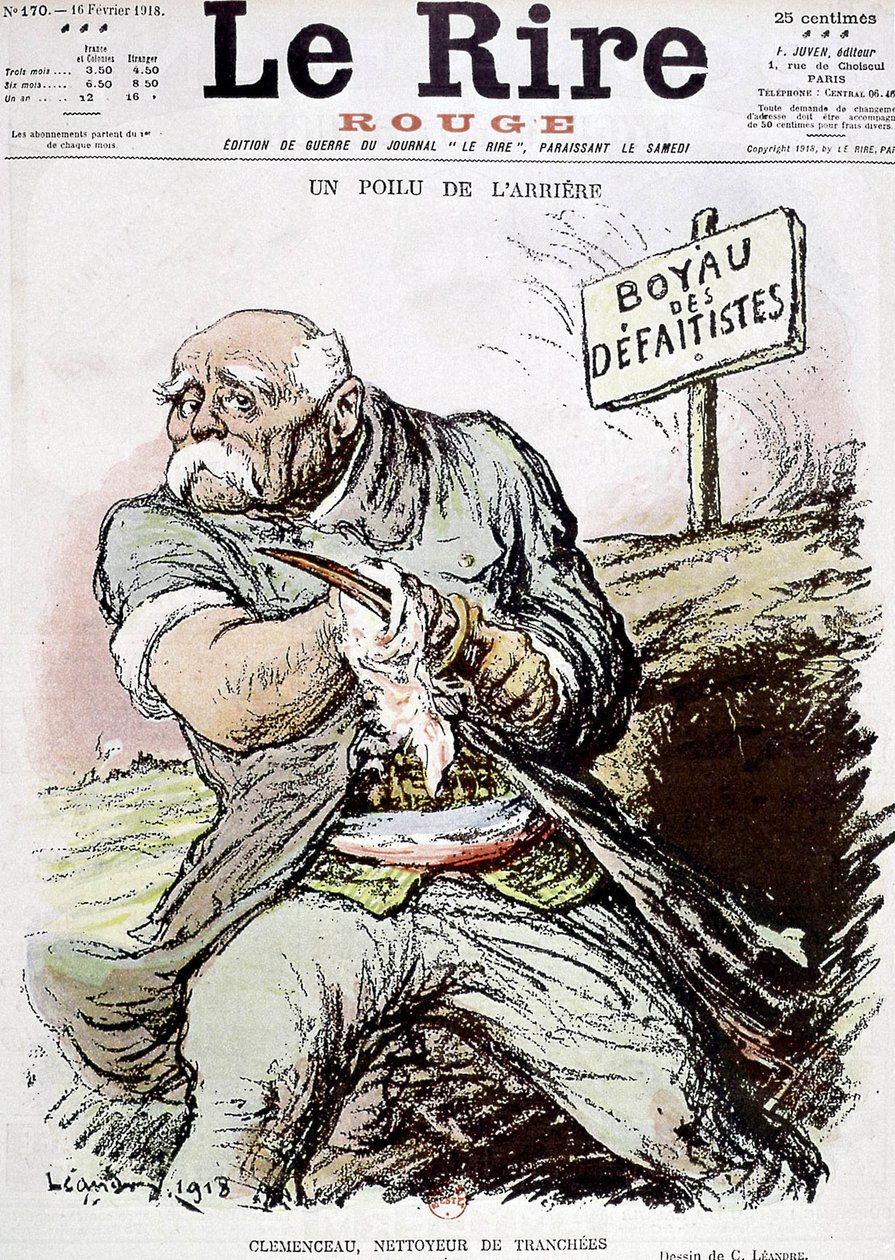 Georges Clemenceau (1841-1929) ranskalainen poliitikko, Leandren sarjakuva, jossa hän näyttää juoksuhaudtojen puhdistajana, julkaistu Le Rire -lehdessä 16.2.1918. tekijältä Charles Leandre