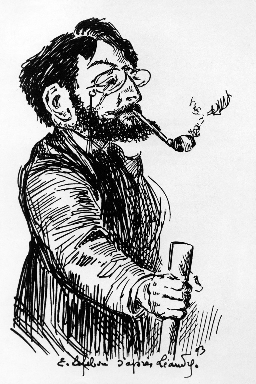 Henri Riviere (1864-1951) ranskalainen taiteilija ja suunnittelija (varjonäytelmä Cabaret Le Chat Noirissa), piirros E. Lefebvre Leandren mukaan tekijältä Charles Leandre