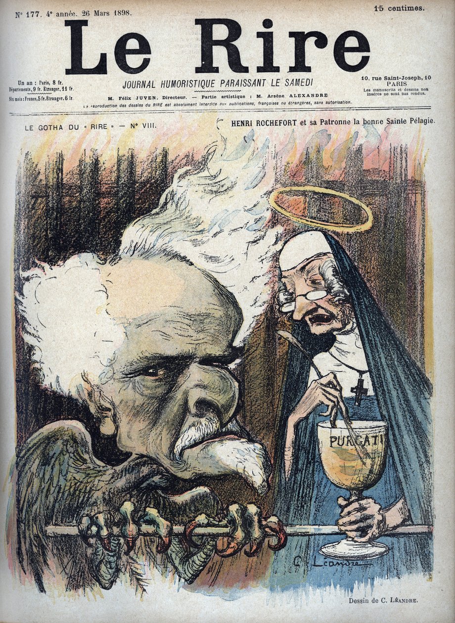 Henri Rochefort ja hänen suojeluspyhimys hyvä pyhimys Pelagie (Prison de la Sainte-Pelagie) - Charles Leandren (1862-1934) karikatyyri elokuvassa "" Le Rire" 26. maaliskuuta 1898 tekijältä Charles Leandre