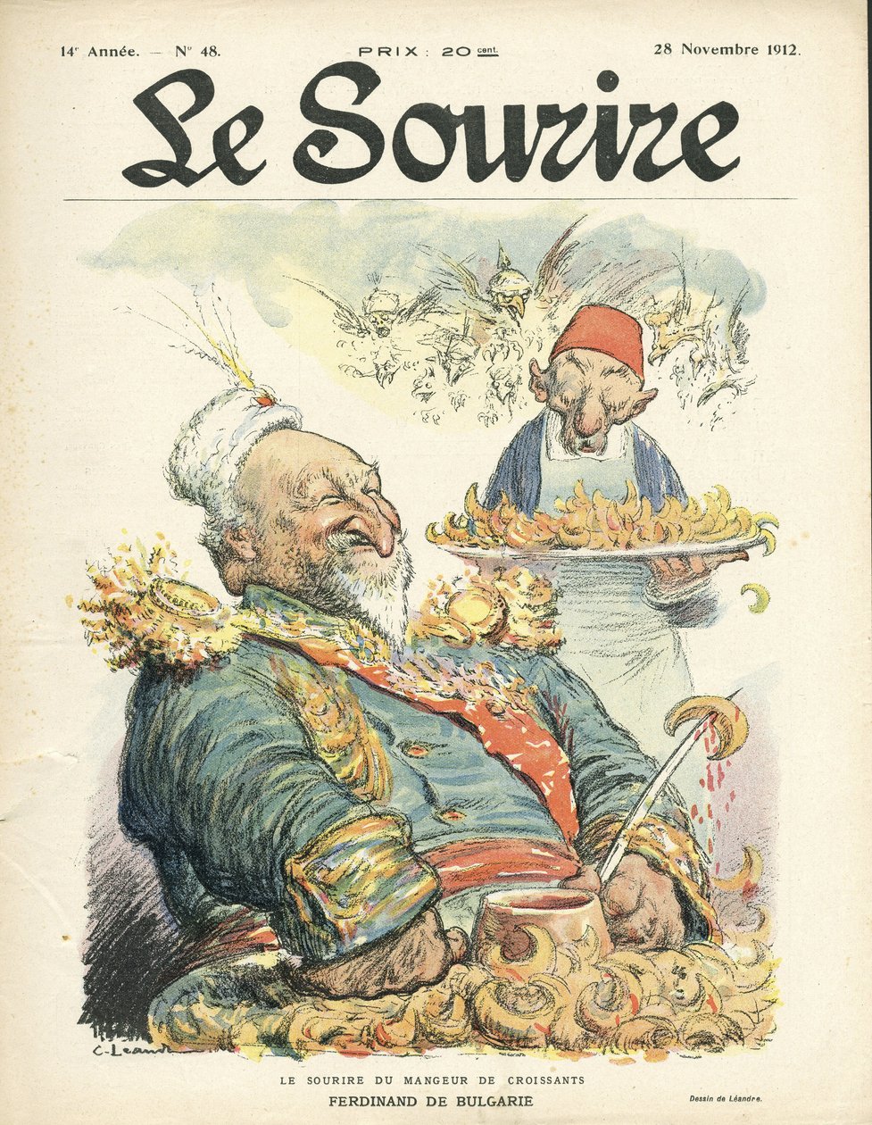 Charles Leandren (1862-1934) kuvitus Le Smilen kanteen, nro 48, 28.11.12 - Croissanttien syöjän hymy - Turkki, Orient, Balkan, Bulgaria - Ferdinand de Bulgaria tekijältä Charles Leandre