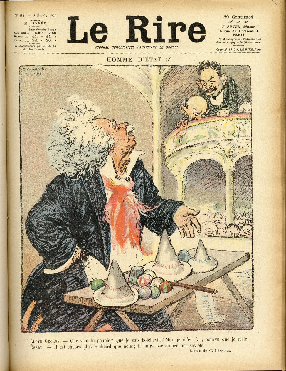 Kuvitus Le Riren kanteen, 02.7.1920 - valtiomies - David Lloyd George ja Ebert Friedrich (1871-1925) tekijältä Charles Leandre