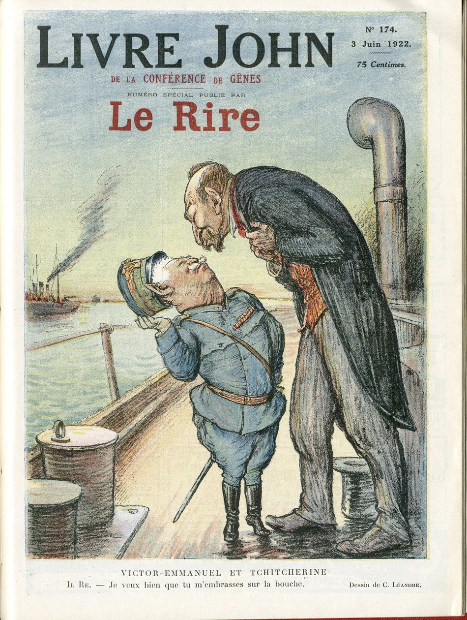 Charles Leandre (1862-1934) Le Riren kanteen, 6.3.22 - Italia, Neuvostoliitto - Victor Emmanuel I, Gueorgui Titcherine (1872-1936) tekijältä Charles Leandre