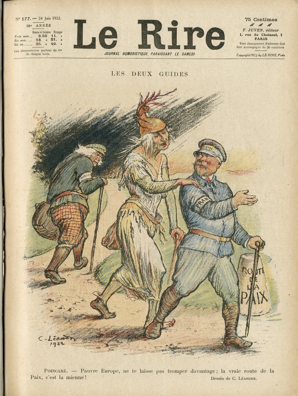 Kuva Charles Leandresta (1862-1934) Le Riren kanteen, 24.6.22 - Kaksi opasta - Englanti Iso-Britannia, Eurooppa, Tasavallan presidentti, Rauha, Chapeau - Poinsare Raymond, David Lloyd George (1863- 1945) tekijältä Charles Leandre