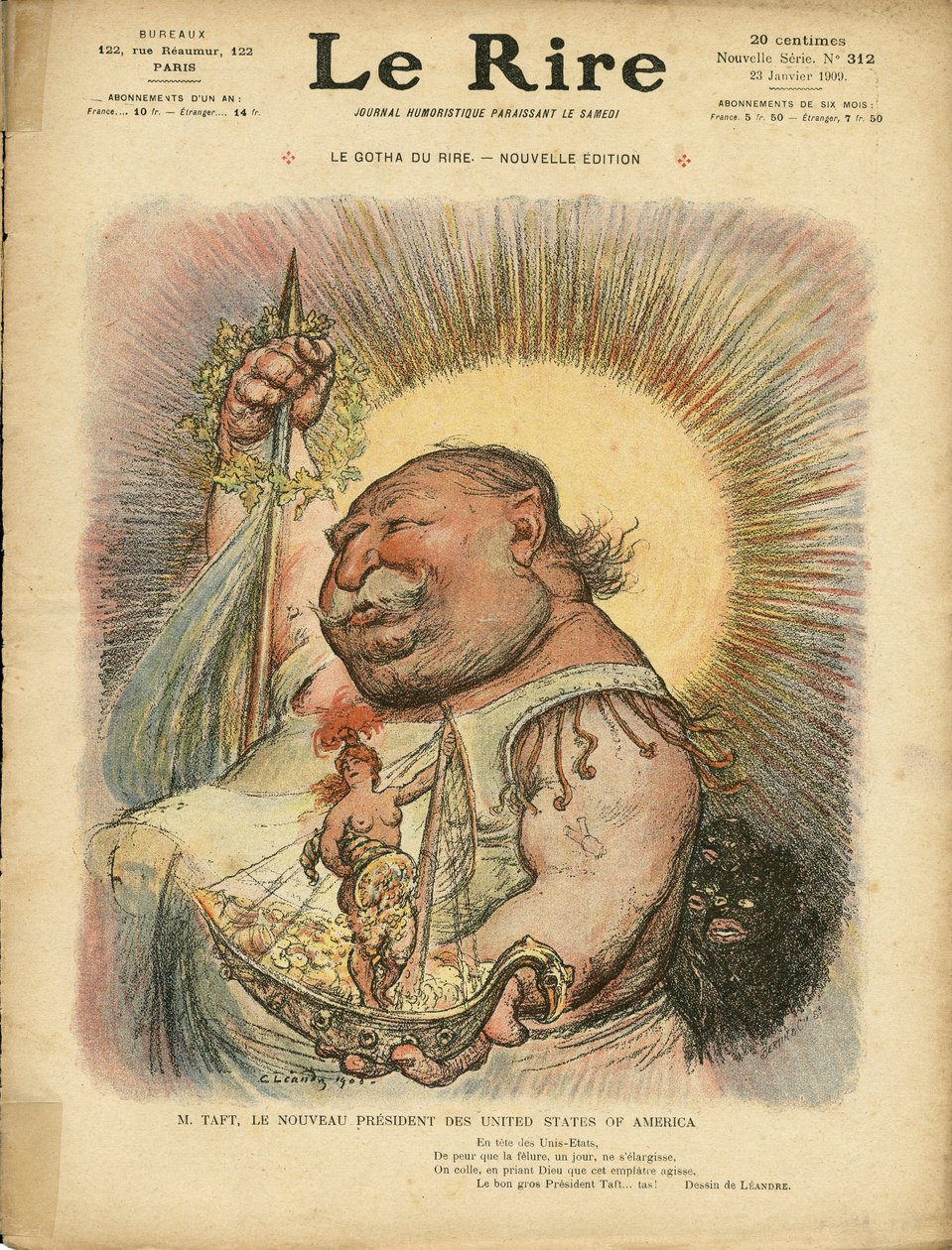 Charles Leandren (1862-1934) kuvitus Le Riren kanteen, nro. 312, 23.1.2009 - Amerikan Yhdysvallat Yhdysvallat - William Howard Taft (1857-1930), presidentti tekijältä Charles Leandre