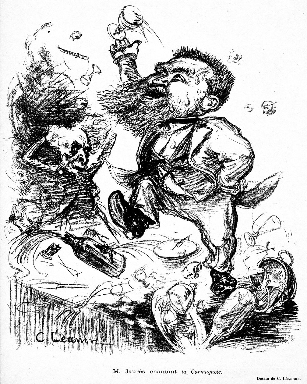Jean Jaures tanssii ja laulaa Carmagnolea juhlapöydällä (oletettavasti humalassa) kuva Le Riressa nro 105 7. marraskuuta tekijältä Charles Leandre