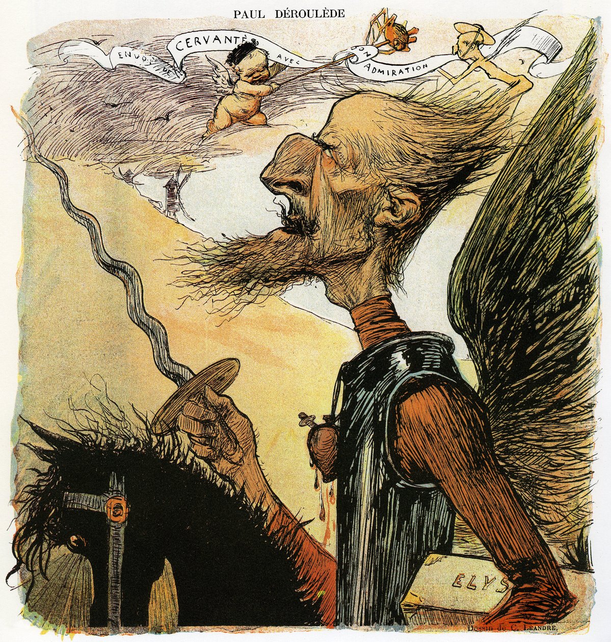 Paul Deroulede (1846-1914), ranskalainen kirjailija ja kansallismielinen aktivisti, tärkeä toimija antidreyfusismissa, Charles Leandren pilakuva ritari Don Quijotena: taistelemaan tuulimyllyjä vastaan, hän kantaa kainalossaan matkalaukkua, jossa on merkint tekijältä Charles Leandre