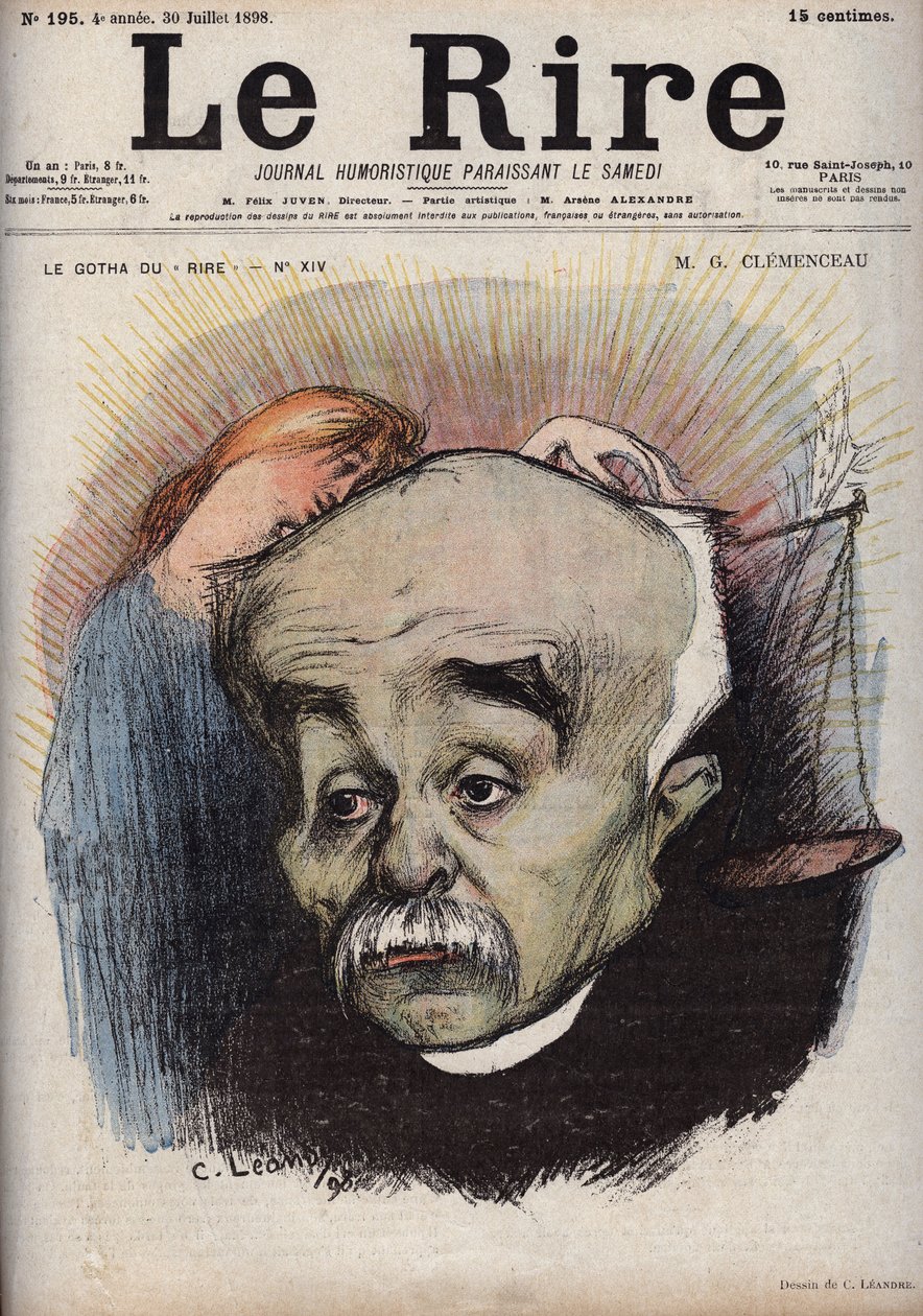 Georges Clemenceaun (1841-1929) muotokuva - saldo viittaa La Justice -sanomalehteen"" ja sen johtaja Cornelius Herz, joka oli saanut rahaa Clemenceaulta - Charles Leandren (1862-1934) karikatyyri "" Le Rire -kirjassa"" 30. heinäkuuta tekijältä Charles Leandre