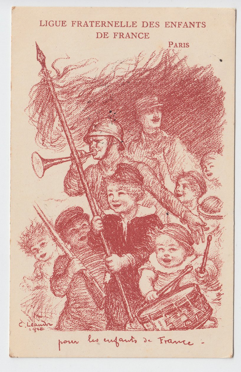 Postikortti, satiirinen väreissä: Ranskan lasten veljesliitto - 14-18 -vuotissota, Lapsuus, Isänmaalliset päivät Kuvitus Charles Leandre (1862-1934) tekijältä Charles Leandre