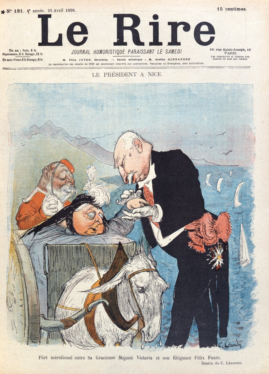 Kuningatar Victoria (1819-1901) flirttailee presidentti Felix Fauren (1841-99) kanssa lomallaan Nizzassa, Le Rire -lehden kansi, 23. huhtikuuta 1898. tekijältä Charles Leandre