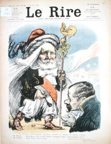 Presidentti Emile Loubet (1838-1929) vastaanotti Algerian kenraalikuvernööri A.J.P. Revoil, karikatyyri elokuvasta "Le Rire" tekijältä Charles Leandre