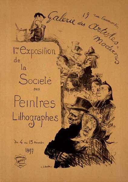 Jäljennös julisteesta, joka mainostaa "The Society of Lithography Painters Exhibition" -näyttelyä Galerie des Artistes Modernesissa, Pariisissa tekijältä Charles Leandre