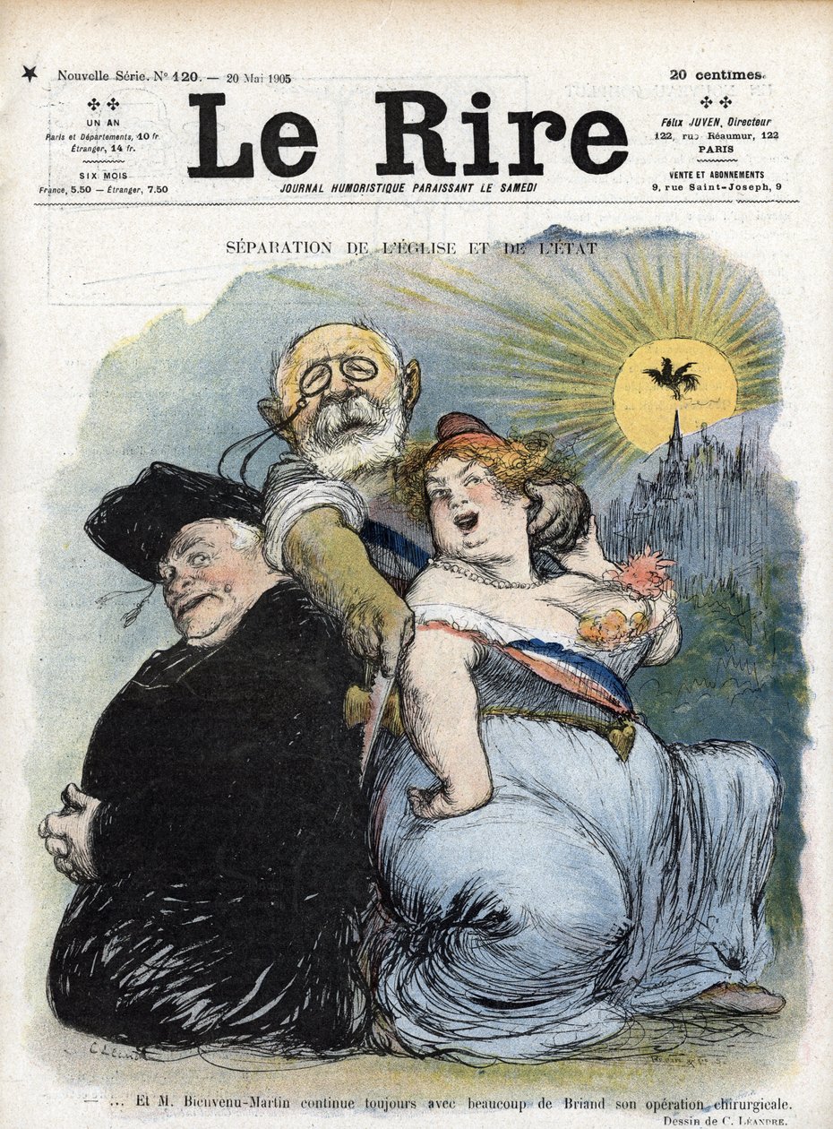 Erottaminen kirkosta ja valtiosta: "" ranskalainen poliitikko Jean-Bienvenu Martin (Bienvenu-Martin) (1847-1943), yleisopetuksen, kuvataiteen ja jumalanpalveluksen ministeri, joka pyrkii epätoivoisesti erottamaan kirkon Ranskan pappina (ranskalainen erotta tekijältä Charles Leandre