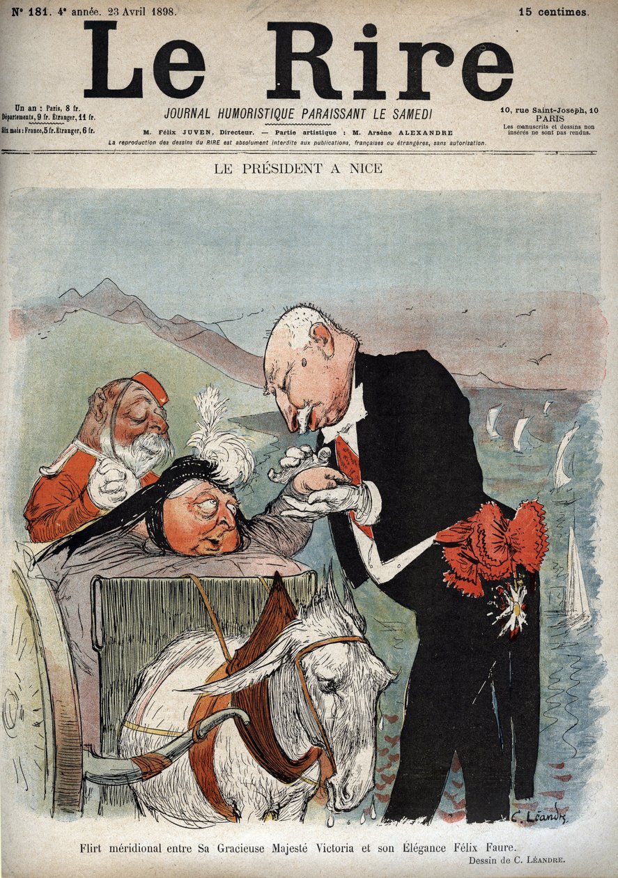 Presidentti Nizzassa - Ranskan presidentti Felix Faure tapasi kuningatar Victorian Nizzassa - Charles Leandren (1862-1934) sarjakuva "" Le Rire" -tapahtumassa 23. huhtikuuta 1898 tekijältä Charles Leandre