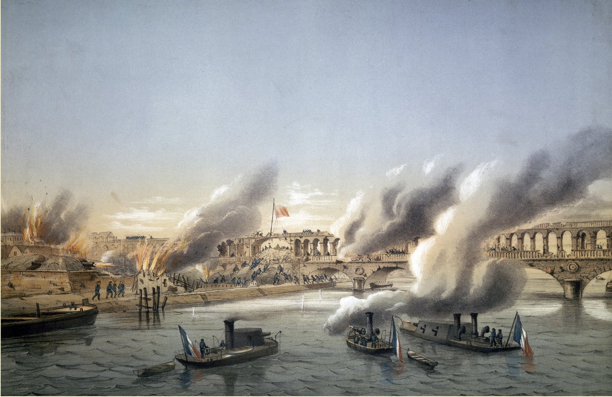 Pariisin kunta, verinen viikko. """" La Flotille de la Seine pakotti Pariisin sisäänkäynnin Barricade du Point du Jourille 21. toukokuuta 1871 - Kaiverrus Charles Leduc (1831-1911) tekijältä Charles Leduc