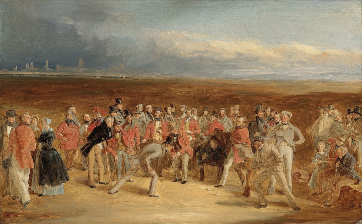 Sir David Baird, Bt. valmis sketsi elokuvalle The Golfers: A Grand Match St. Andrews Linksissä. ja Sir Ralph Anstruther, Bt. Balcaskie, Major Playfair ja John Campbell, Esq., Glensaddell, vuonna 1850 tekijältä Charles Lees
