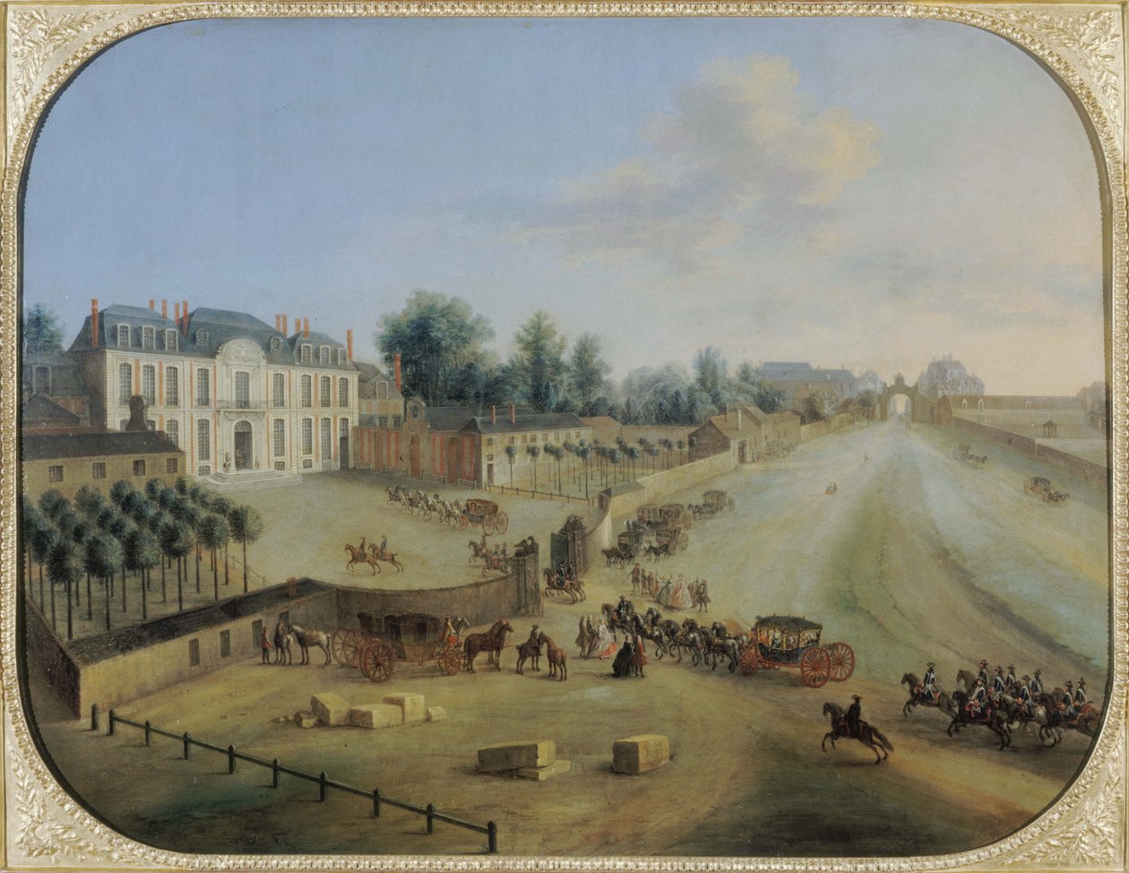Näkymä Chateau de la Muettesta kuningas Ludvig XV:n (1710-74) saapuessa, n. 1738 (öljy kankaalle) tekijältä Charles Leopold Grevenbroeck