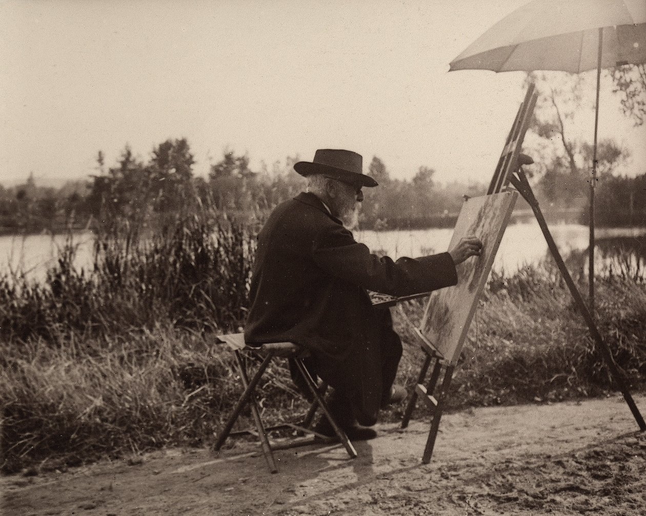 Taidemaalari Lhermitte Léon (1844-1925) työskennellessään Marnen sivurannalla, lähellä omaisuuttaan, noin 1914-1915, Ranska tekijältä Charles Lhermitte