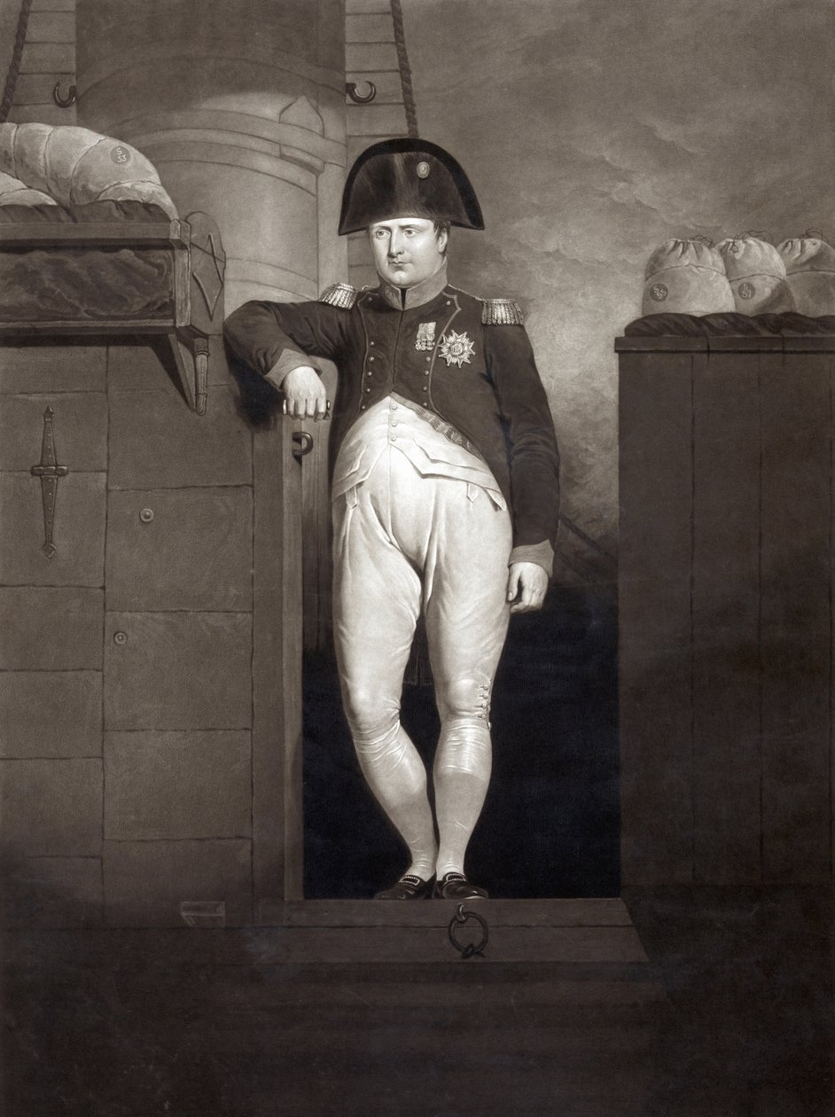 Napoleon Bonaparte HMS Bellerophonin käytävällä saavuttuaan Plymouth Soundille elokuussa 1815, kaivertanut Charles Turner tekijältä Charles Lock Eastlake