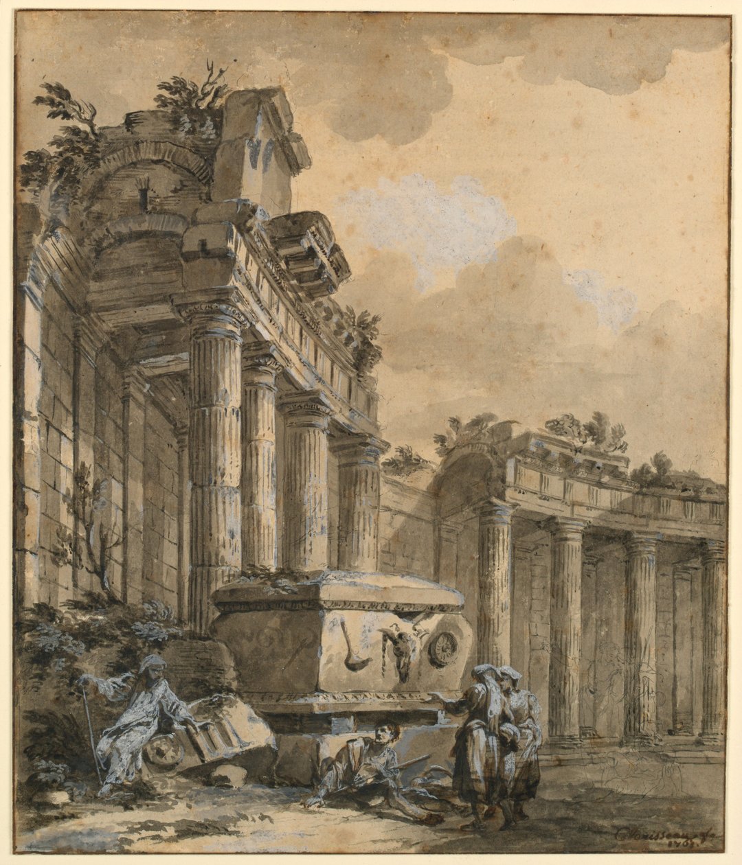 Piirros, Hahmot raunioituneen pylväskäytävän lähellä, 1761 tekijältä Charles Louis Clerisseau