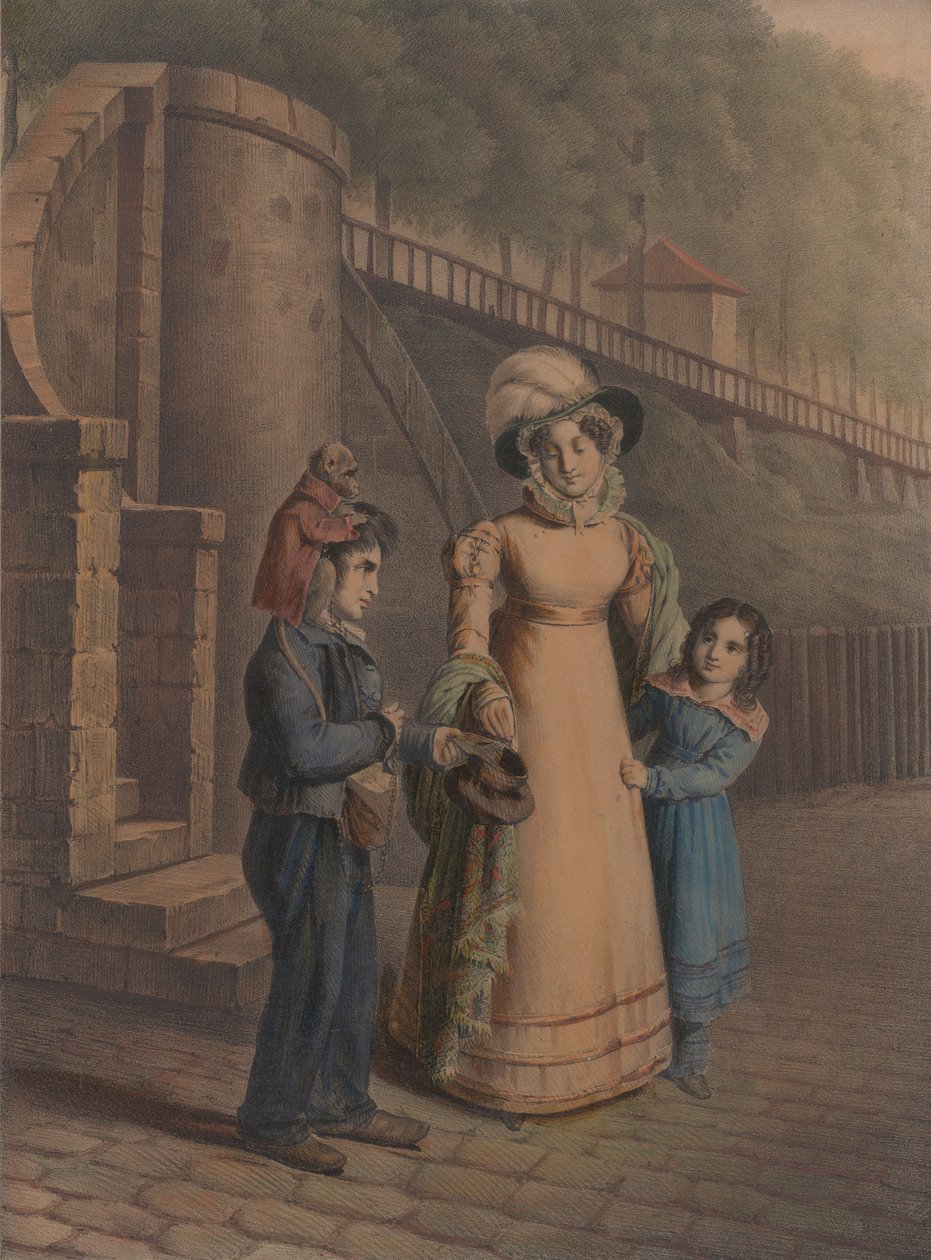 Poika apina olkapäällään vastaanottamassa kolikoita äidiltä ja tyttäreltä, 1803-40. tekijältä Charles Louis Constans