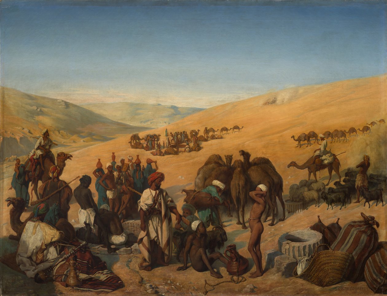 Karavaanien pysähtyminen Saba Beersheban kaivoilla Hebronin eteläpuolella olevassa autiomaassa, 1850. tekijältä Charles Louis Fredy de Coubertin