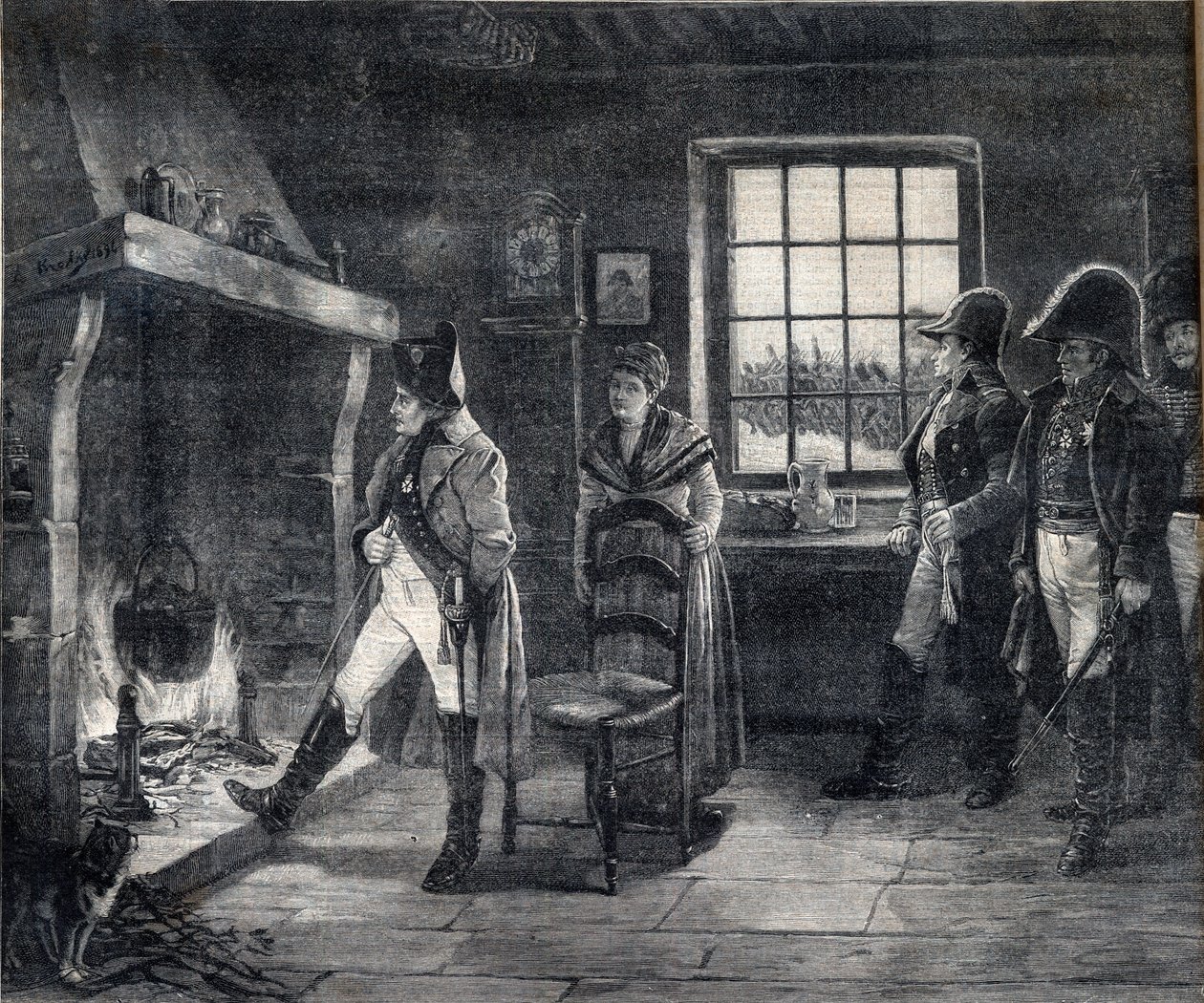 Keisari Napoleon I lämmittää itseään puutakalla lumimaisemassa - Napoleon Waterloon taistelun jälkeen vuonna 1814 - kaiverrus Charles Louis (Charles-Louis) Kratken (1848-1921) maalauksen jälkeen tekijältä Charles Louis Kratke