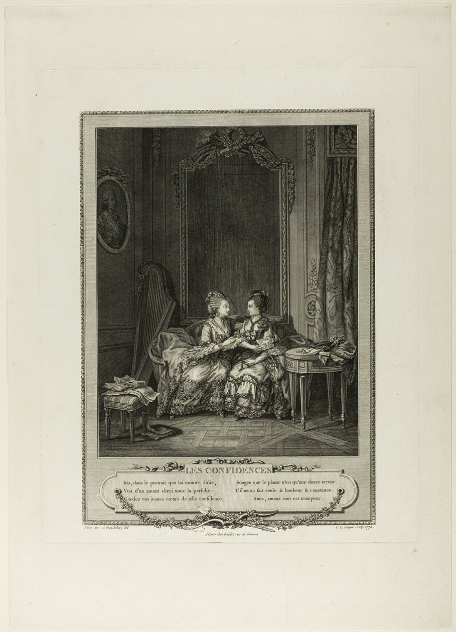 Confidences, teoksesta Monument du Costume Physique et Moral de la fin du Dix-huitième siècle (monumentti fyysisestä ja moraalisesta puvusta) tekijältä Charles Louis Lingée