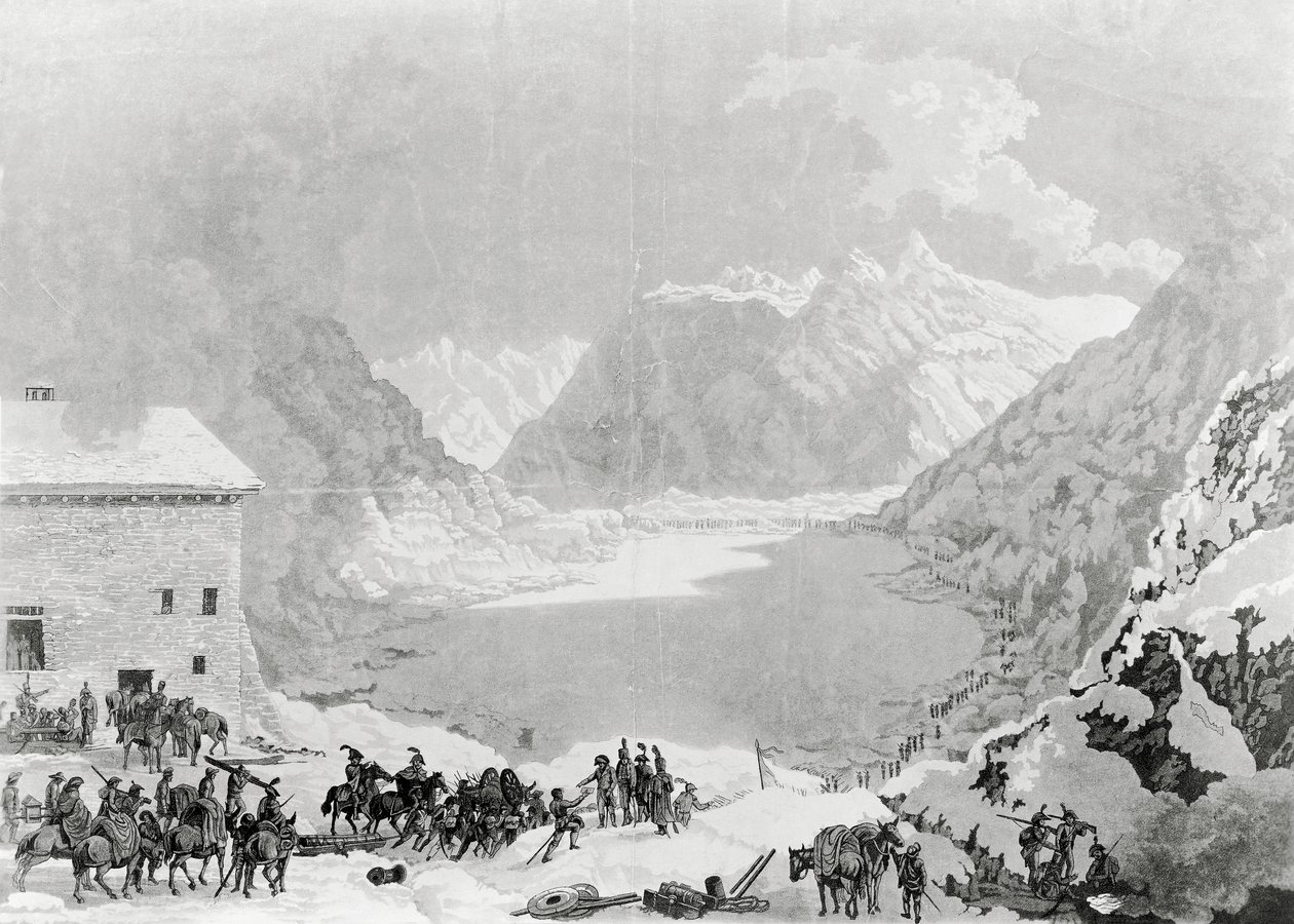 Exército francês do Primeiro Cônsul Napoleão Bonaparte (1769-1821) no Great St Bernard Pass Hospice, 20 de maio finlandês tekijältä Charles Louis Lucien Muller