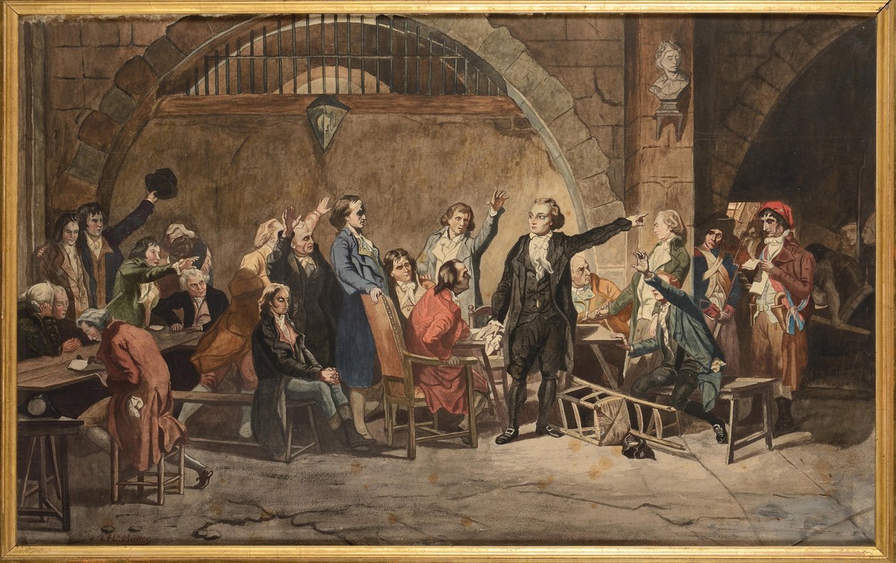 Girondinien viimeiset hyvästit 31. lokakuuta 1793 Conciergerien vankilassa - Girondinien viimeiset hyvästit, Mueller, Charles Louis (1815-1892). Akvarelli paperille. Yksityinen kokoelma tekijältä Charles Louis Lucien Muller
