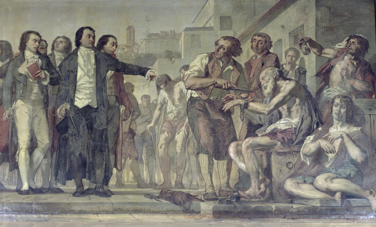 Philippe Pinel 1745-1826 vapauttaa mielisairaita kahleistaan Bicetren mielisairaalassa Pariisissa vuonna 1793, noin 1840-50 öljy kankaalle yksityiskohta kuvasta 163956. tekijältä Charles Louis Lucien Muller