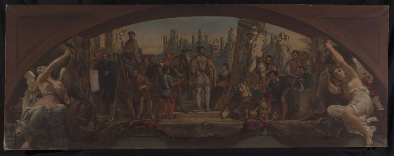 Louvren Denon-paviljongin luonnos: Les quatre âges de la vie artistique en France - Château de Fontainebleaun suunnitelmien esittely Frans I:lle, noin 1864 (öljy kankaalle). tekijältä Charles Louis Lucien Muller