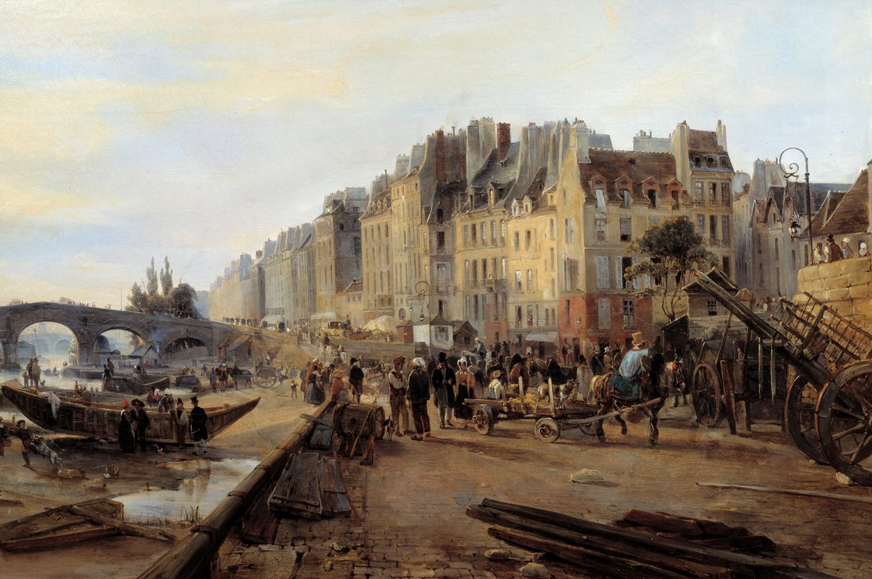 Marie Bridge ja Saint Paul Harbour noin 1825. Näkymä Pariisista. Yksityiskohta. Charles Louis Mozinin (1806-1862) maalaus tekijältä Charles Louis Mozin
