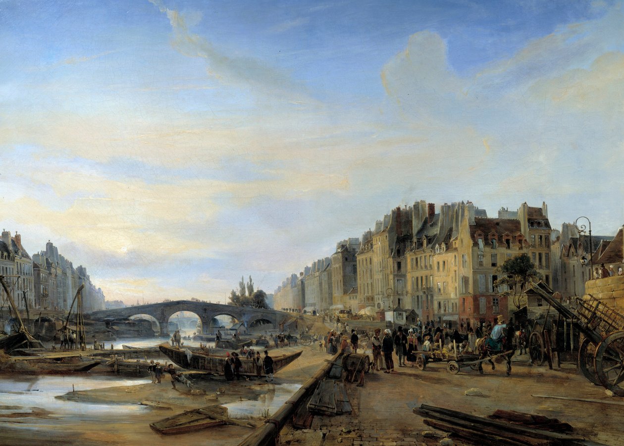 Marie Bridge ja Saint Paul Harbour noin 1825. Näkymä Pariisista. Charles Louis Mozinin (1806-1862) maalaus tekijältä Charles Louis Mozin