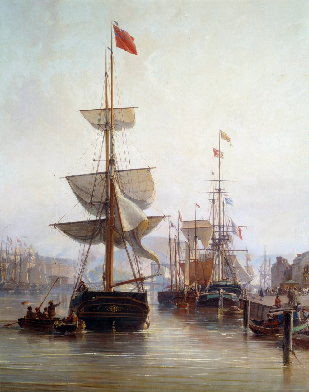 Laiva Rouenin satamassa vuonna 1855 Yksityiskohta. Charles Louis Mozinin (1806-1862) maalaus 1855 Rouen, Musee des Beaux Arts tekijältä Charles Louis Mozin